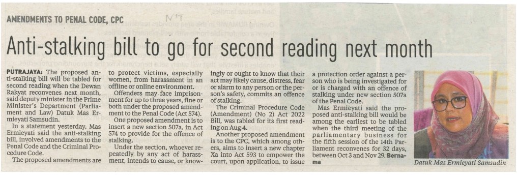 NST   29 September 2022 Anti  Stalking Bill To Go For Second reading next month