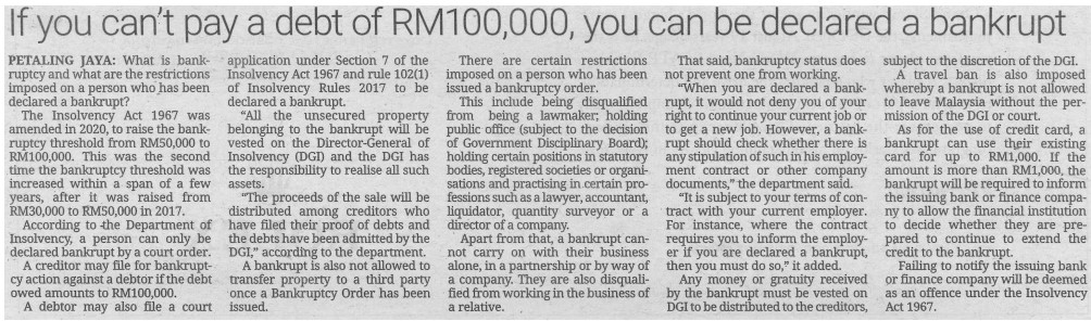 NST 19 September 2022 if you can't pay a debt of RM100000 you can be declared a bankrup