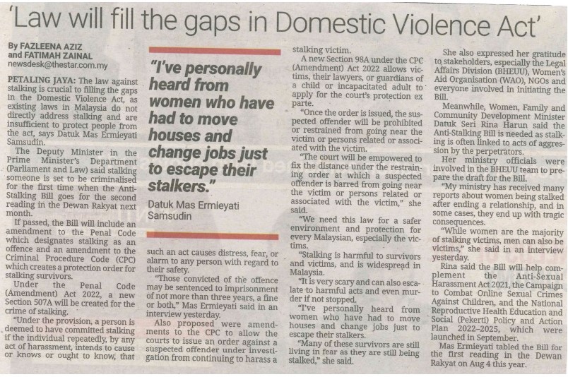 The Star   28 September 2022 Law will fill the gasps in Domestic Violence Act