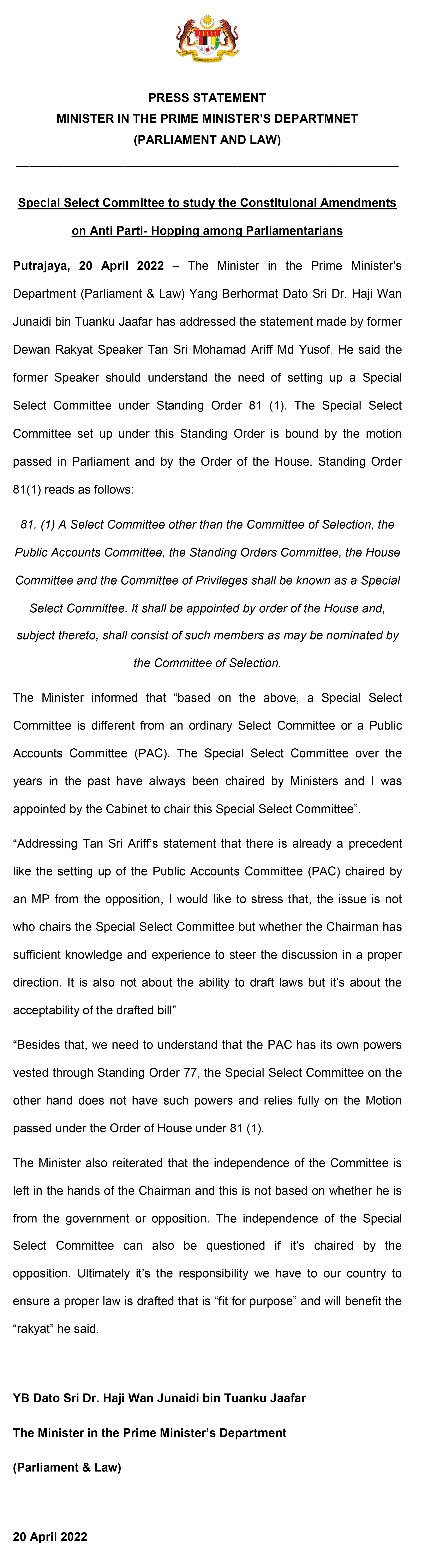 20 April   Response To The Statement Raised By Tan Sri Ariff 1