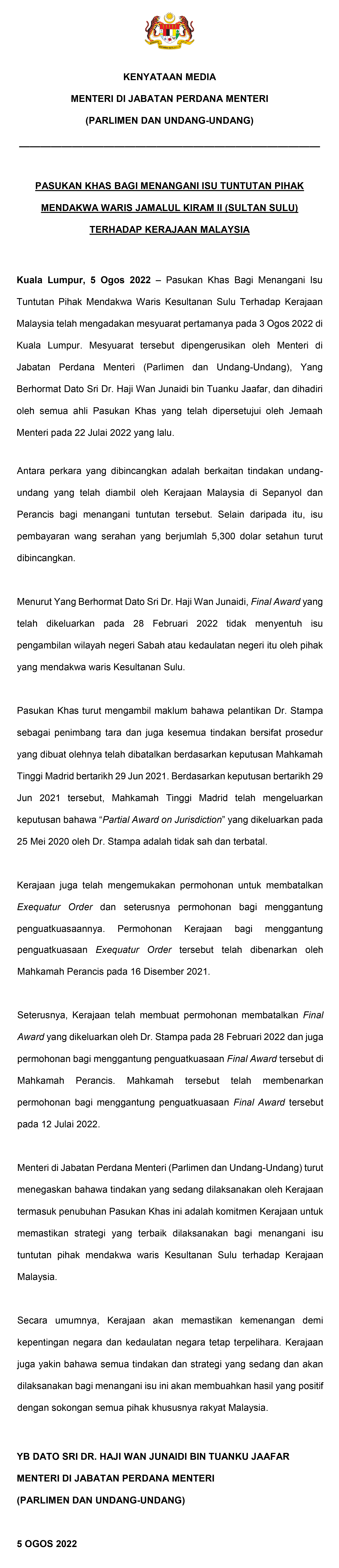 KENYATAAN MEDIA 5 OGOS 2022   PASUKAN KHAS BAGI MENANGANI ISU TUNTUTAN PIHAK MENDAKWA WARIS JAMALUL KIRAM II (SULTAN SULU) TERHADAP KERAJAAN MALAYSIA (2) 1