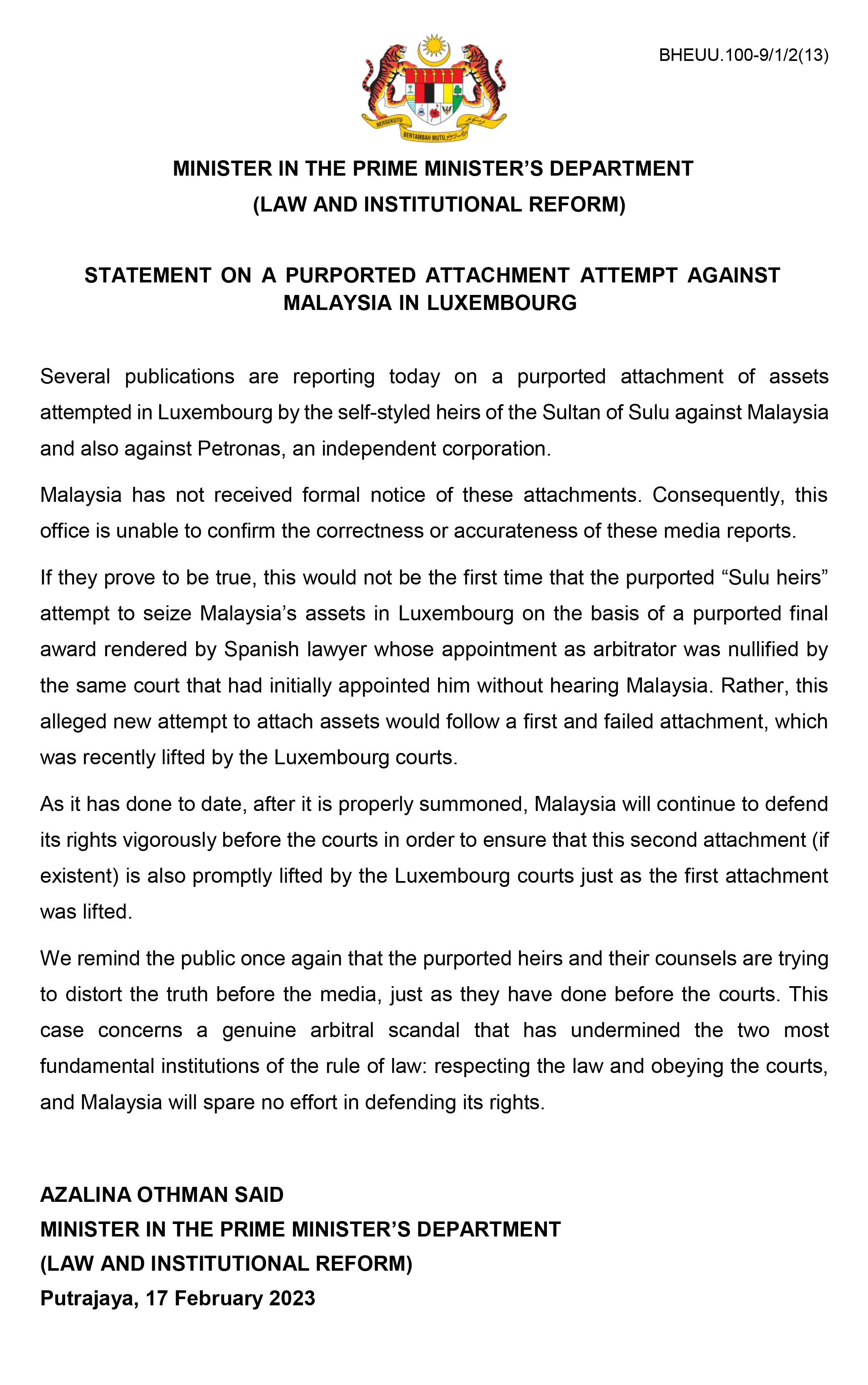 2023.02.17 Statement on the purported attachment of Petronas assets in Luxembourg