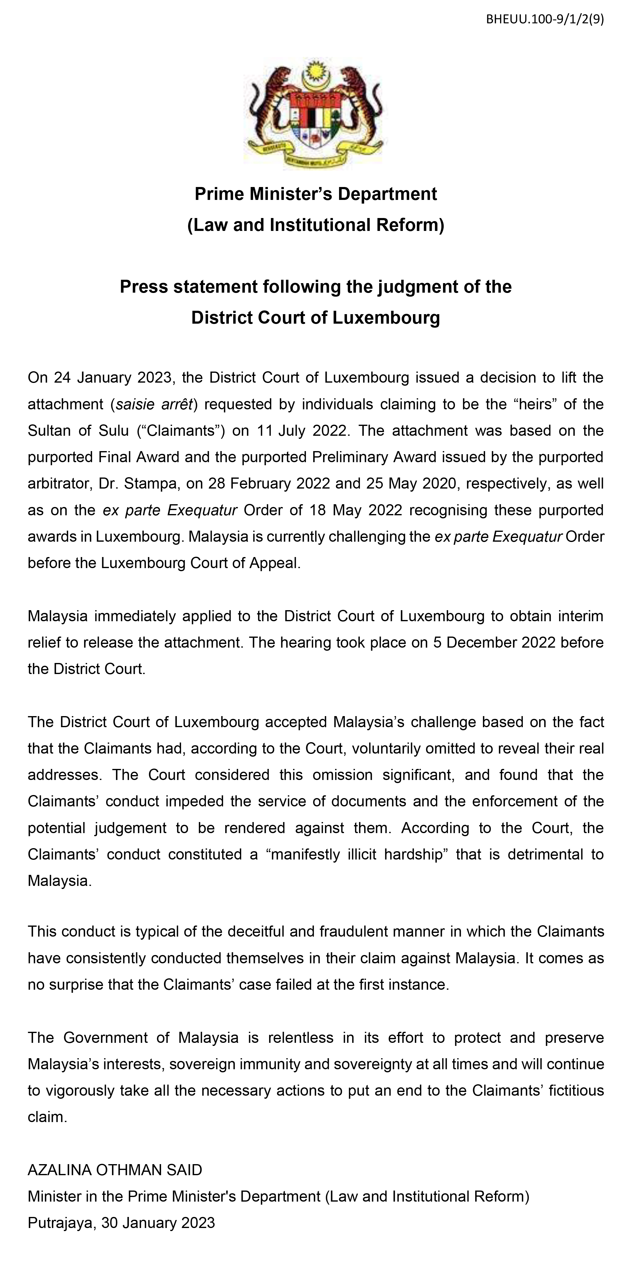 Press Statement Luxembourg Judgment (Pejabat YBM)