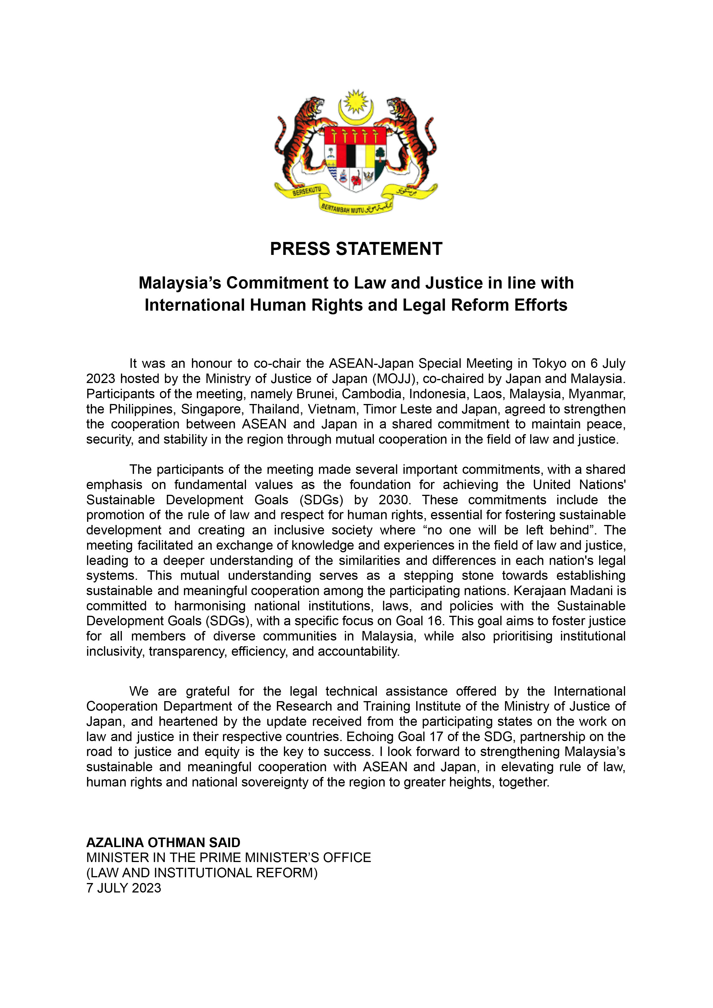 Press Statement   Malaysia’s Commitment to Law and Justice in line with International Efforts