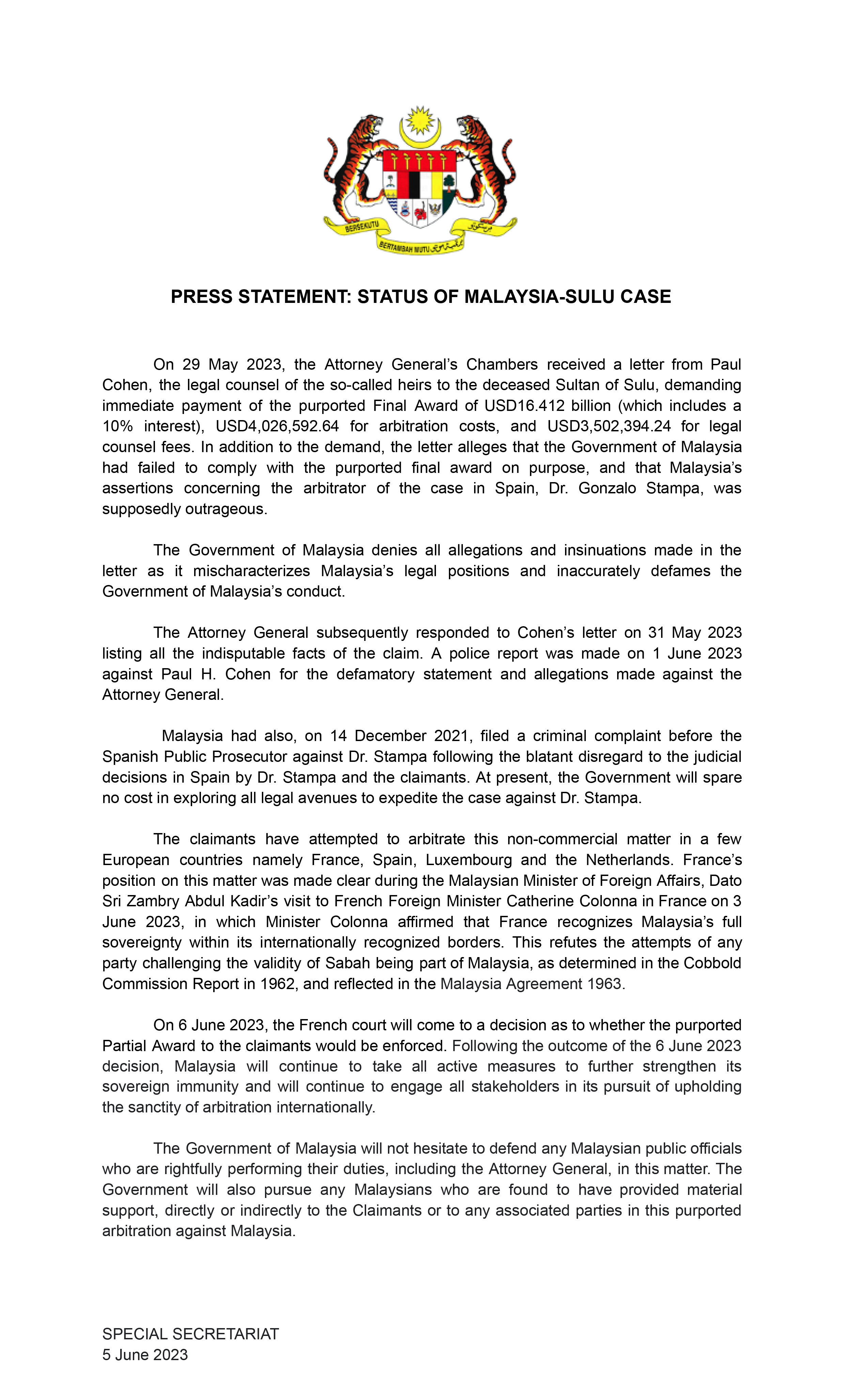 PRESS STATEMENT STATUS OF MALAYSIA SULU CASE 5 JUNE 2023