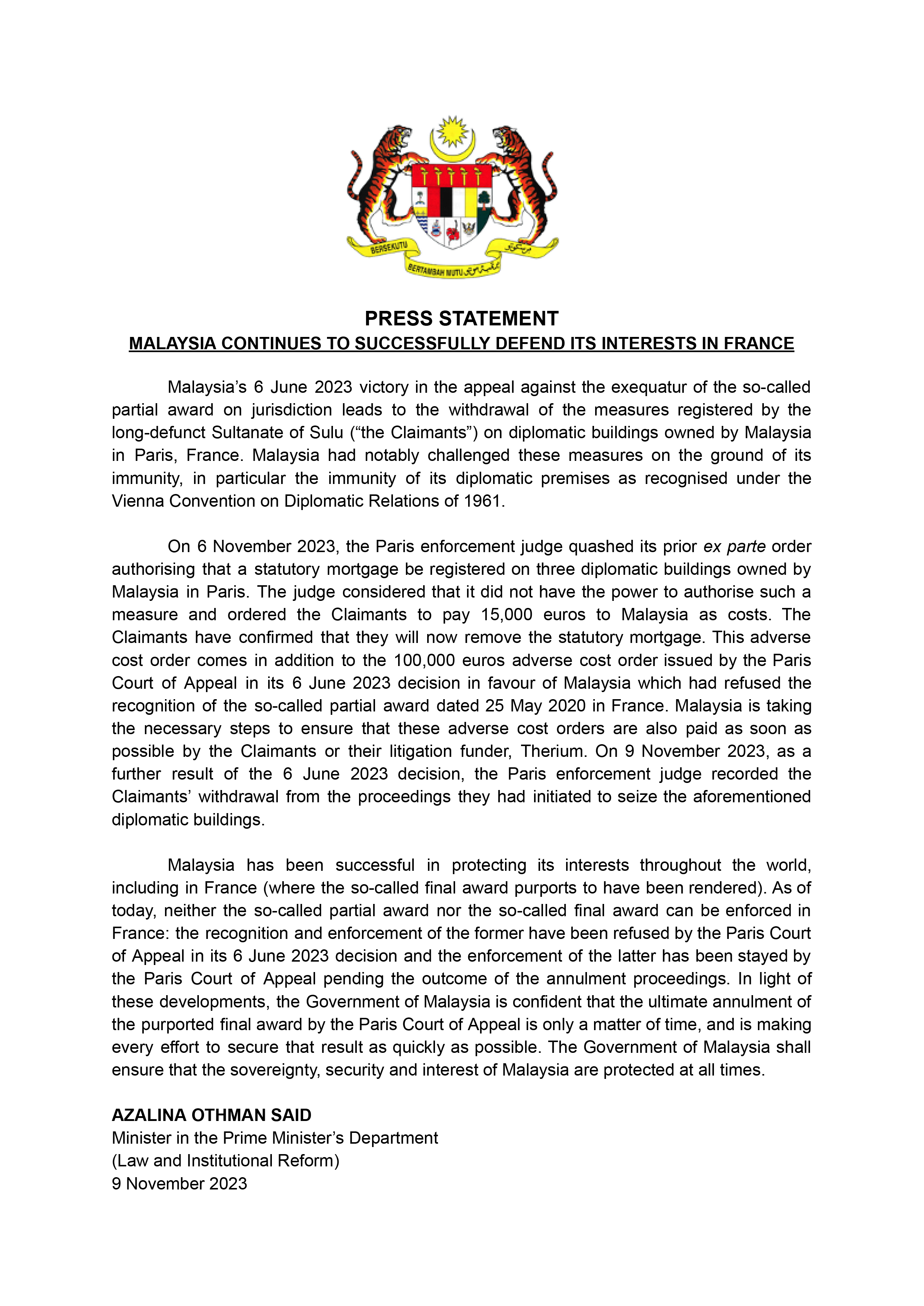 PRESS STATEMENT MALAYSIA CONTINUES TO SUCCESSFULLY DEFEND ITS INTERESTS IN FRANCE 9NOVEMBER2023