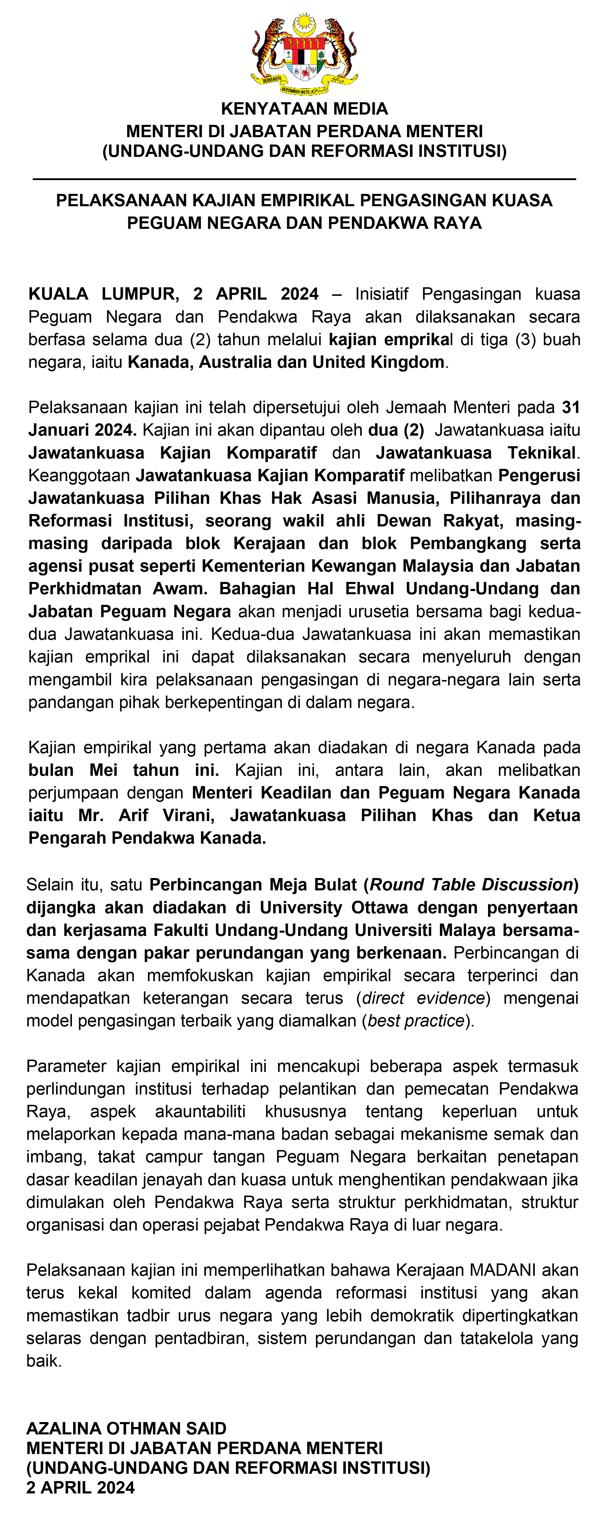 Kenyataan Media Kajian Empirikal Pengasingan Kuasa AG PP 2 April 2024